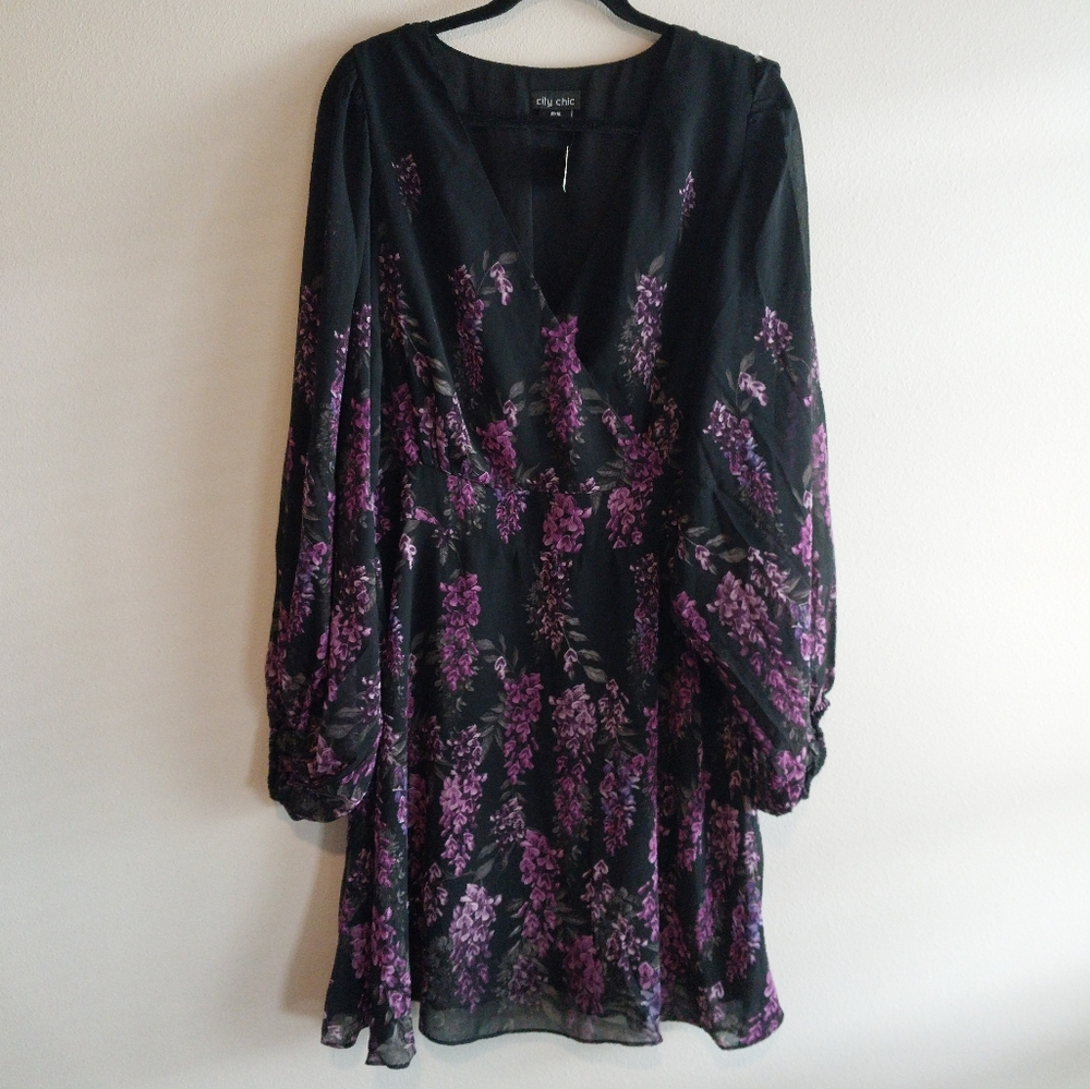 City Chic Black & Purple Floral Print Faux Wrap Balloon Sleeve Midi Dress NWT